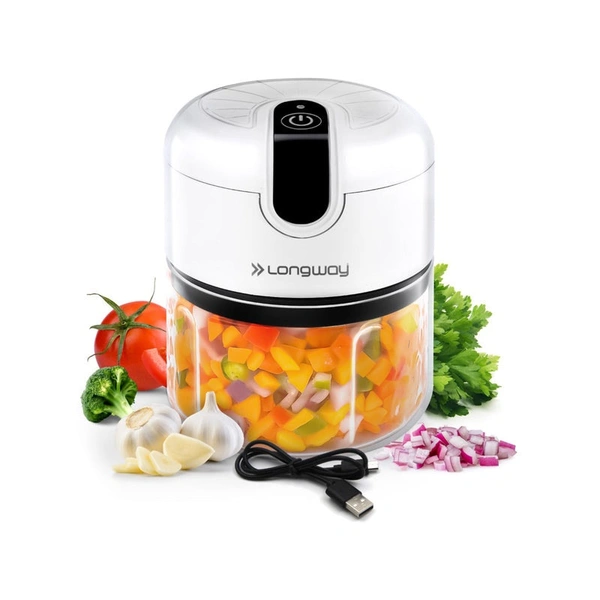 Longway Slicer Rechargeable Mini Electric Chopper | 250ml Food Grade Bowl | Stainless Steel Blades | One Touch Operation | Chopping & Mincing Garlic, Onion, Ginger, Vegetable, Meat, Nuts| Portable & Compact | 1 Year Warranty (White)