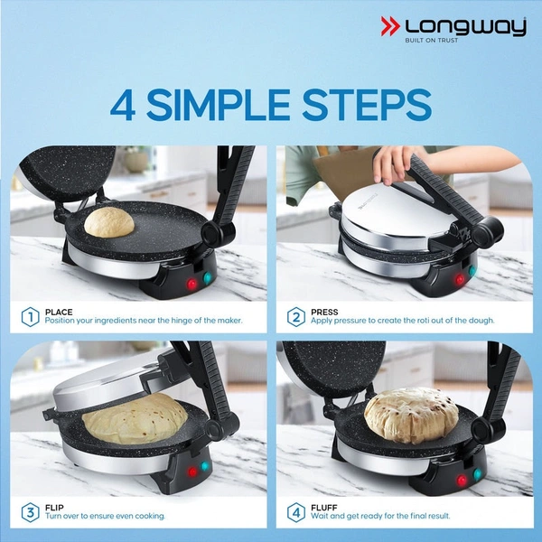 Longway Automatic Electric Roti Maker | Non-Stick Stainless Steel Press For Roti, Chapati & Parathas Multipurpose | (1000 W, Silver)