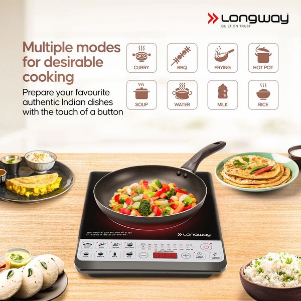 Longway Cruiser IC 2000 Watt Induction Cooktop With Auto Shut-Off & Over-Heat Protection With 8 Cooking Mode & BIS Approved | (Black, Push Button)