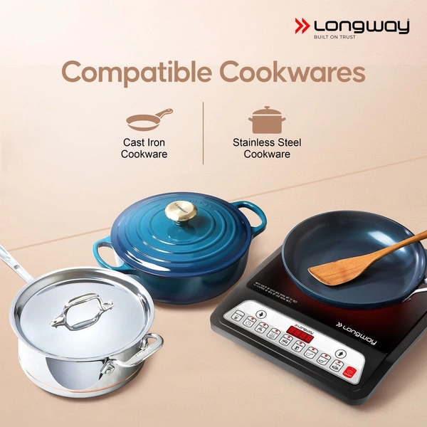 Longway Elite Plus IC 2000 Watt Induction Cooktop With Auto Shut-Off & Over-Heat Protection With 8 Cooking Mode & BIS Approved | 1-Year Warranty | (Black, Push Button)