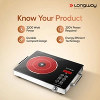 Longway Infralite Pro ICT 2200 W Infrared Cooktop With Free Stainless Steel Grill | Auto Shut Off & Overheat Protection (Black, Touch Control)