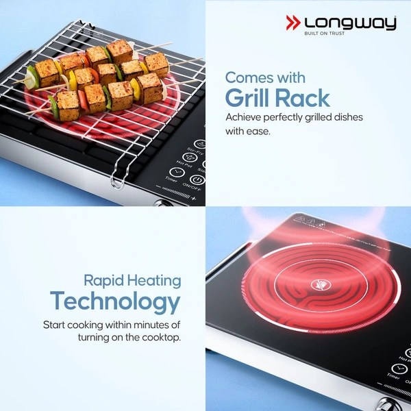 Longway Infralite Pro ICT 2200 W Infrared Cooktop With Free Stainless Steel Grill | Auto Shut Off & Overheat Protection (Black, Touch Control)