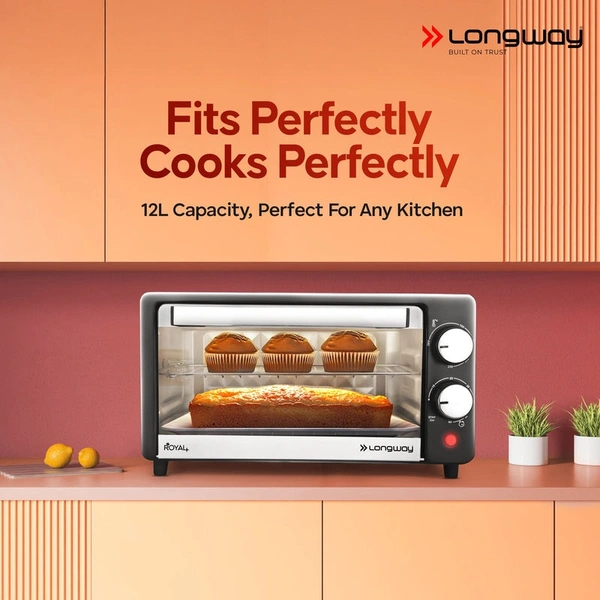 Longway Royal Plus OTG 12 Ltr Oven Toaster Griller With Multiple Heating Modes | Temperature Timer Control For Baking Pizza, Cake, Grilling Chicken & Toasting Bread|1 Year Warranty (800W, Silver)