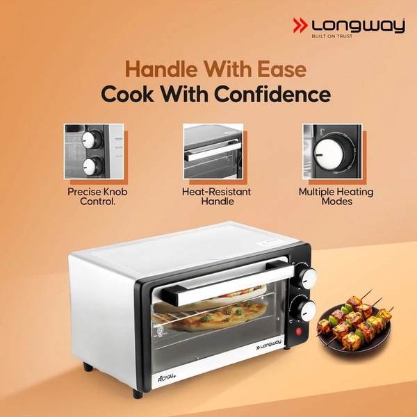 Longway Royal Plus OTG 12 Ltr Oven Toaster Griller With Multiple Heating Modes | Temperature Timer Control For Baking Pizza, Cake, Grilling Chicken & Toasting Bread|1 Year Warranty (800W, Silver)