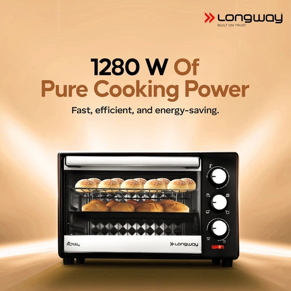 Longway Royal Plus OTG 25 Ltr Oven Toaster Griller With Multiple Heating Modes | Temperature Timer Control For Baking Pizza, Cake, Grilling Chicken & Toasting Bread|1 Year Warranty (1280W, Silver)