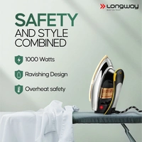 Longway Plancha Heavy Weight Non-Stick Teflon Coated Dry Iron, Electric Iron For Clothes | 1 Year Warranty | (1000 Watt, Black)