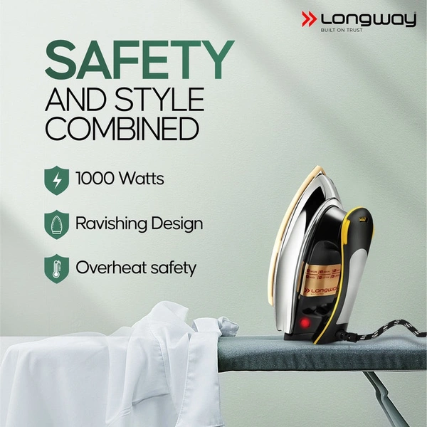 Longway Plancha Heavy Weight Non-Stick Teflon Coated Dry Iron, Electric Iron For Clothes | 1 Year Warranty | (1000 Watt, Black)