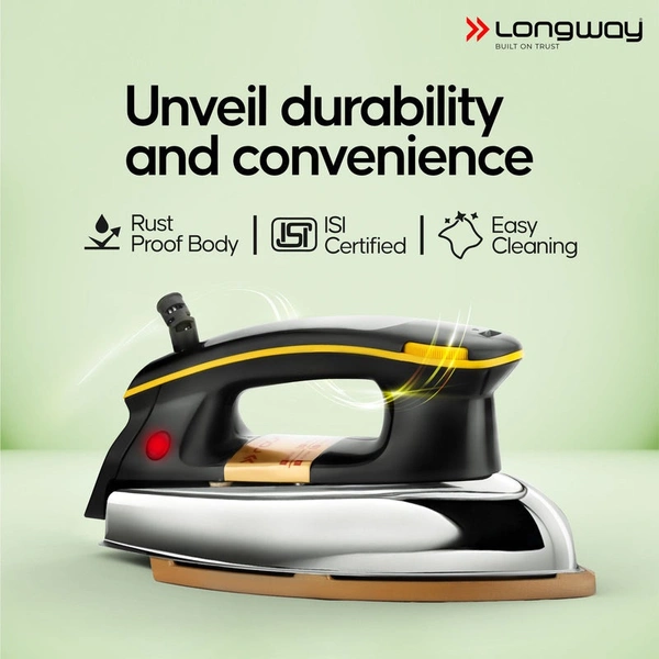 Longway Plancha Heavy Weight Non-Stick Teflon Coated Dry Iron, Electric Iron For Clothes | 1 Year Warranty | (1000 Watt, Black)