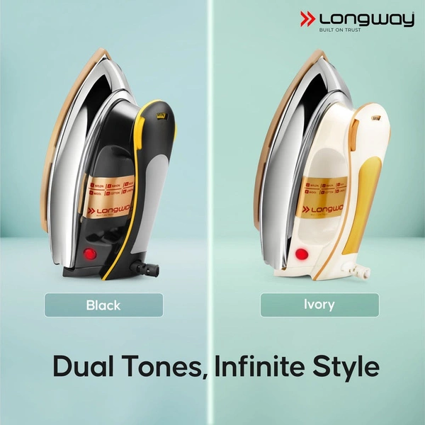 Longway Plancha Heavy Weight Non-Stick Teflon Coated Dry Iron, Electric Iron For Clothes | 1 Year Warranty | (1000 Watt, Black)