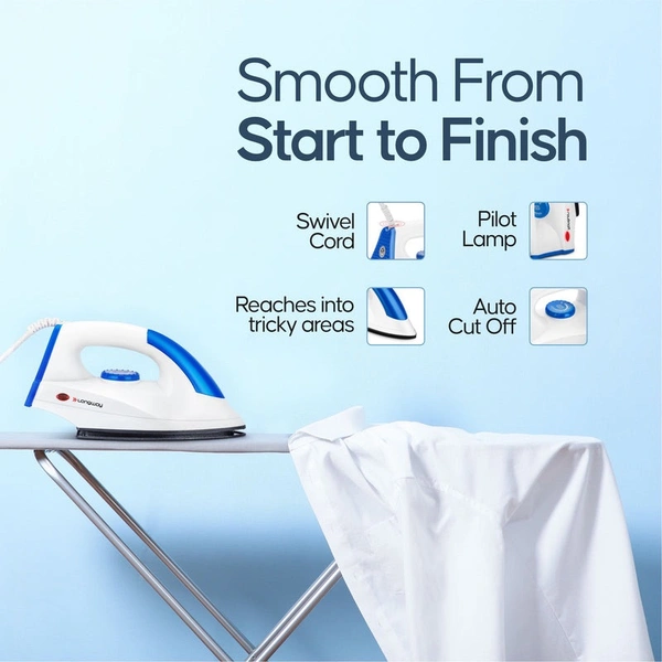 Longway Grace Light Weight Non-Stick Teflon Coated Dry Iron, Electric Iron For Clothes | 1 Year Warranty| (1100 Watt, Blue) 