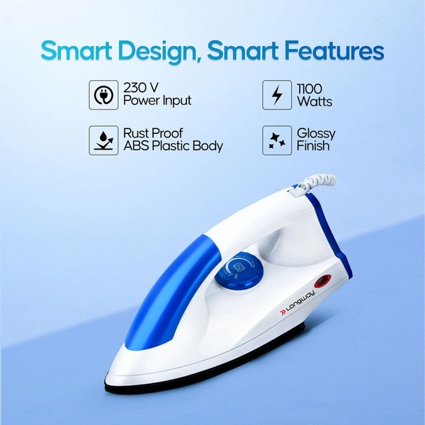 Longway Grace Light Weight Non-Stick Teflon Coated Dry Iron, Electric Iron For Clothes | 1 Year Warranty| (1100 Watt, Blue) 