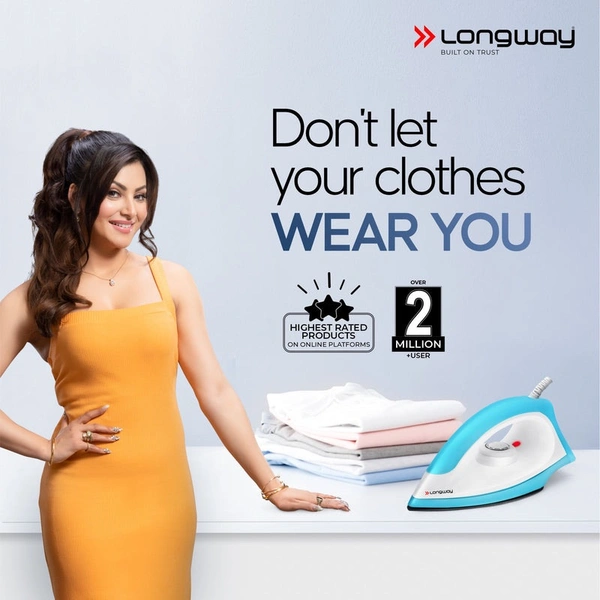 Longway Kwid Light Weight Non-Stick Teflon Coated Dry Iron, Electric Iron For Clothes | 1 Year Warranty | (1100 Watt, Blue) 
