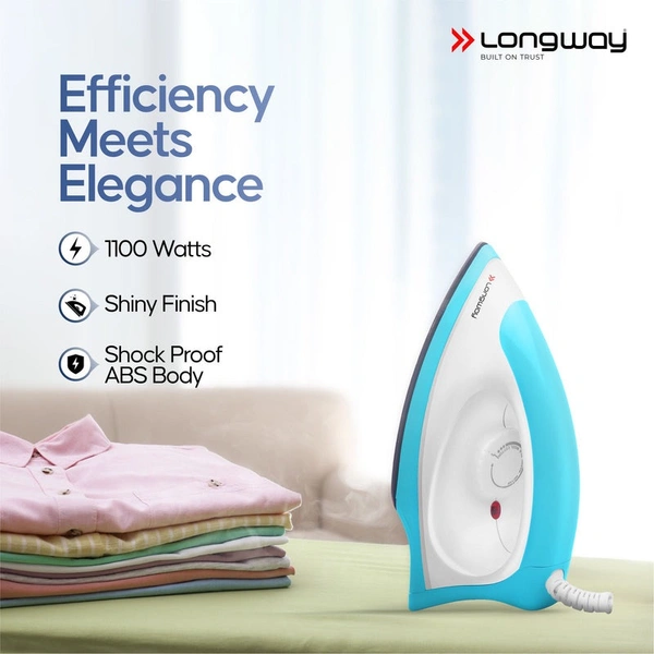 Longway Kwid Light Weight Non-Stick Teflon Coated Dry Iron, Electric Iron For Clothes | 1 Year Warranty | (1100 Watt, Blue) 
