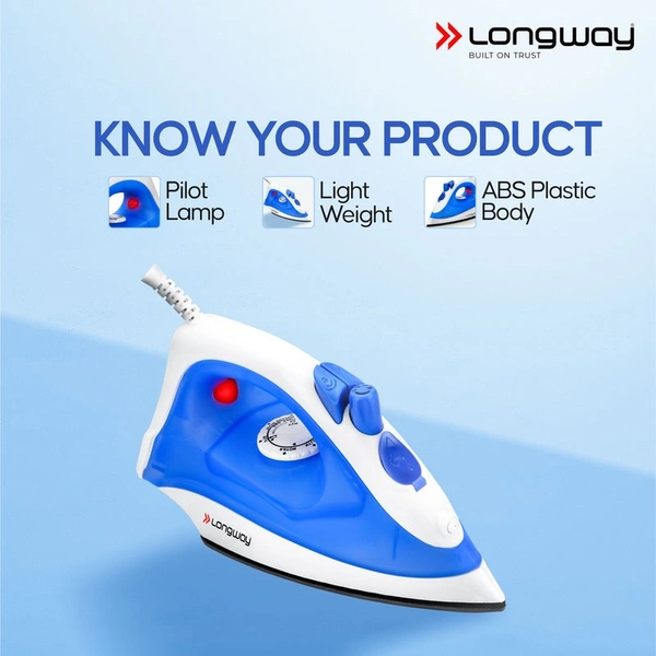 Longway Steamy Light Weight Non Stick Steam Iron, Powerful Steam Output Up To 18 G/Min (1400 Watt, Blue)