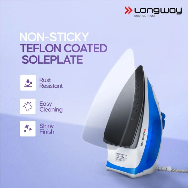 Longway Steamy Light Weight Non Stick Steam Iron, Powerful Steam Output Up To 18 G/Min (1400 Watt, Blue)