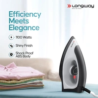 Longway Kwid Light Weight Non-Stick Teflon Coated Dry Iron, Electric Iron For Clothes | 1 Year Warranty | (1100 Watt, Black) 
