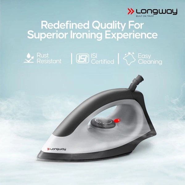 Longway Kwid Light Weight Non-Stick Teflon Coated Dry Iron, Electric Iron For Clothes | 1 Year Warranty | (1100 Watt, Black) 
