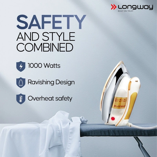 Longway Plancha Heavy Weight Non-Stick Teflon Coated Dry Iron, Electric Iron For Clothes | 1 Year Warranty| (1000 Watt, Ivory) 