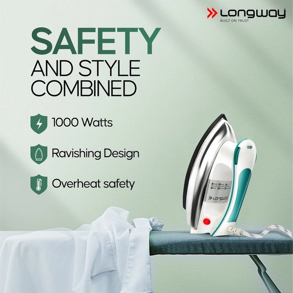 Longway Plancha Heavy Weight Non-Stick Teflon Coated Dry Iron, Electric Iron For Clothes | 1 Year Warranty| (1000 Watt, Blue)