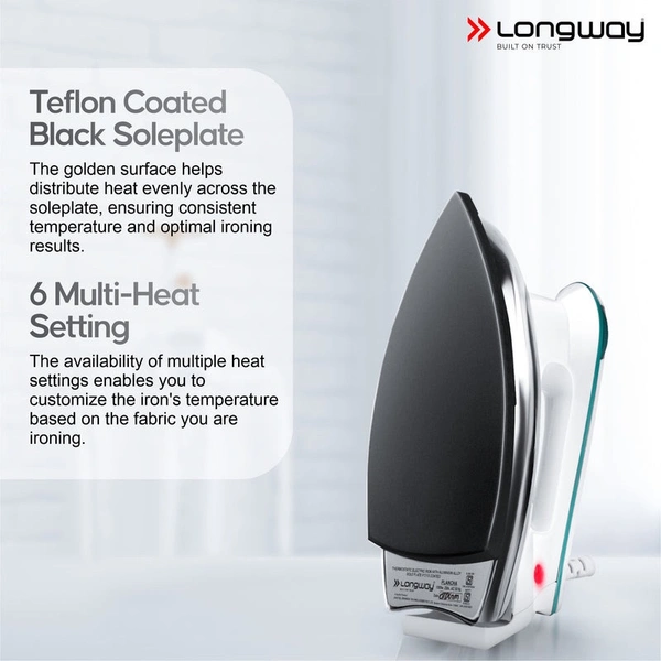 Longway Plancha Heavy Weight Non-Stick Teflon Coated Dry Iron, Electric Iron For Clothes | 1 Year Warranty| (1000 Watt, Blue)