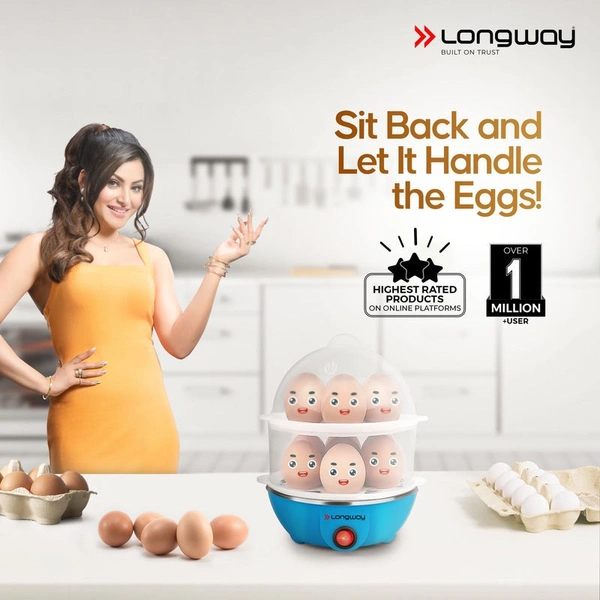 Longway Eggo 350 Watt Egg Boiler/Cooker For Steaming, Cooking & Boiling (Blue, 14 Eggs)