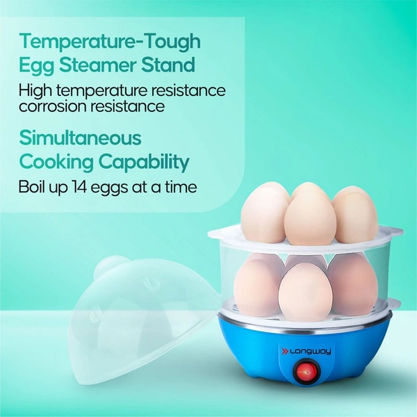 Longway Eggo 350 Watt Egg Boiler/Cooker For Steaming, Cooking & Boiling (Blue, 14 Eggs)