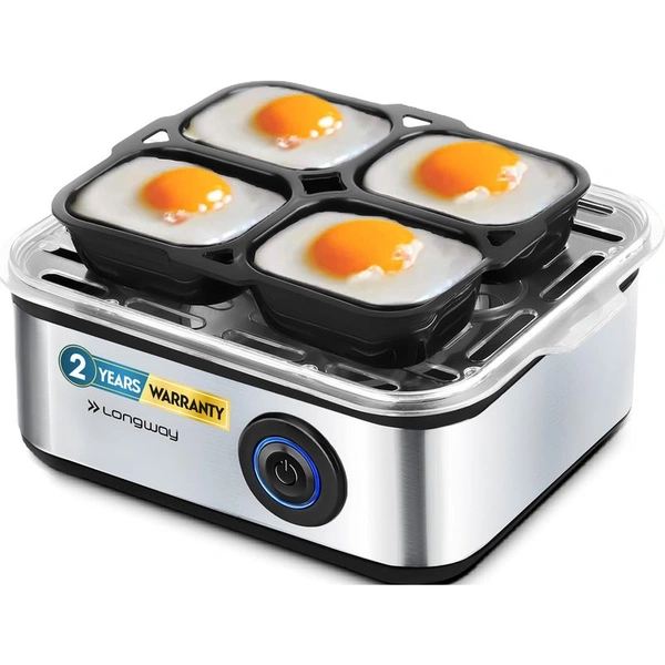 Longway LWEB04 500 Watt Stainless Steel Egg Boiler/Cooker For Steaming, Cooking & Boiling (Silver, 8 Eggs)
