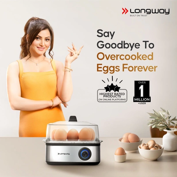 Longway LWEB04 500 Watt Stainless Steel Egg Boiler/Cooker For Steaming, Cooking & Boiling (Silver, 8 Eggs)
