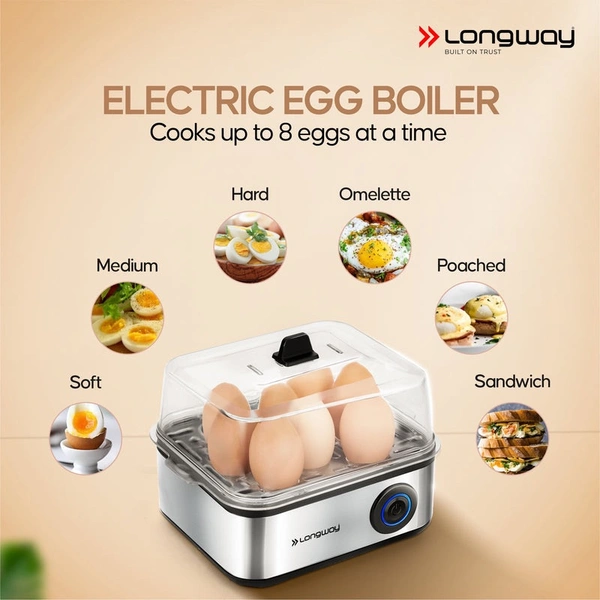 Longway LWEB04 500 Watt Stainless Steel Egg Boiler/Cooker For Steaming, Cooking & Boiling (Silver, 8 Eggs)