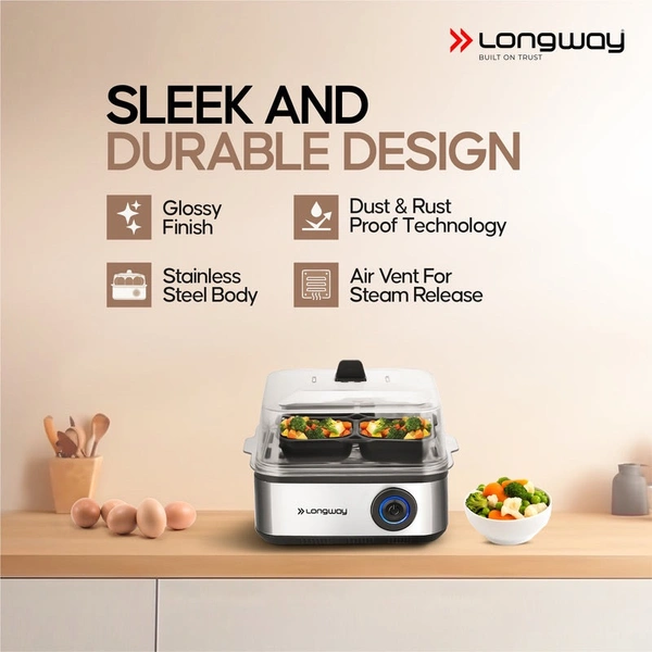 Longway LWEB04 500 Watt Stainless Steel Egg Boiler/Cooker For Steaming, Cooking & Boiling (Silver, 8 Eggs)