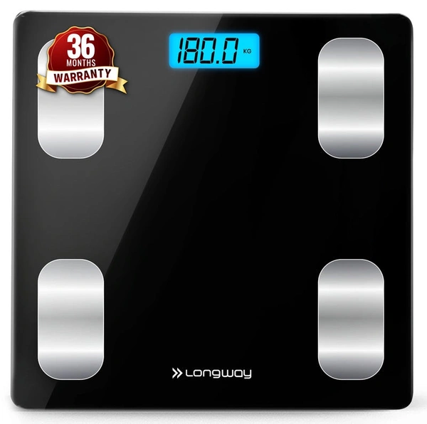 Longway Weight Machine For Home | Digital Bathroom Scale For Human Body Weight Measurement | Extra Thick Tempered Glass With LCD Display (36 Months Warranty | Black | Max Weight 180Kgs | Core)
