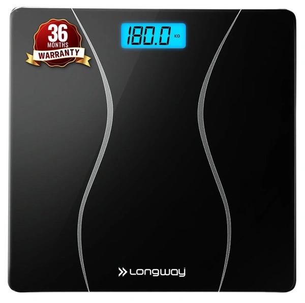 Longway Weight Machine For Home | Digital Bathroom Scale For Human Body Weight Measurement | Extra Thick Tempered Glass With LCD Display (36 Months Warranty | Black | Max Weight 180Kgs | Aura)