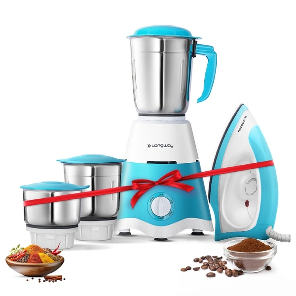 Longway Super Dlx 700 Watt Mixer Grinder With 3 Jars For Grinding, Mixing With Powerful Motor & Kwid 1100 Watt Dry Iron | 1 Year Warranty | (White & Blue, Combo Offer)