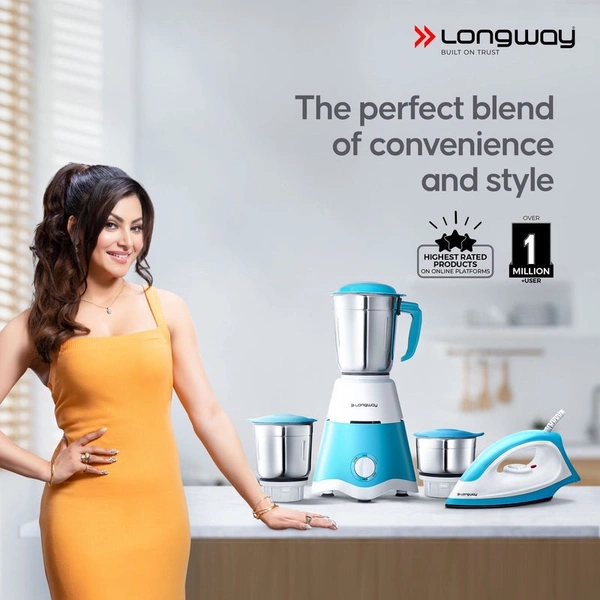 Longway Super Dlx 700 Watt Mixer Grinder With 3 Jars For Grinding, Mixing With Powerful Motor & Kwid 1100 Watt Dry Iron | 1 Year Warranty | (White & Blue, Combo Offer)