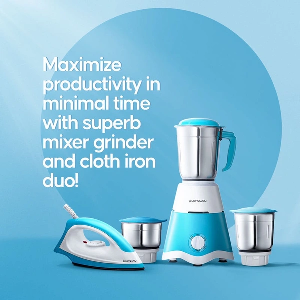 Longway Super Dlx 700 Watt Mixer Grinder With 3 Jars For Grinding, Mixing With Powerful Motor & Kwid 1100 Watt Dry Iron | 1 Year Warranty | (White & Blue, Combo Offer)