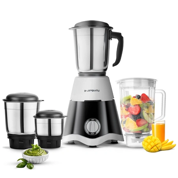 Longway Super Dlx 750 Watt Juicer Mixer Grinder With 4 Jars For Grinding, Mixing, Juicing With Powerful Motor | 1 Year Warranty | (Black & Gray, 4 Jars)