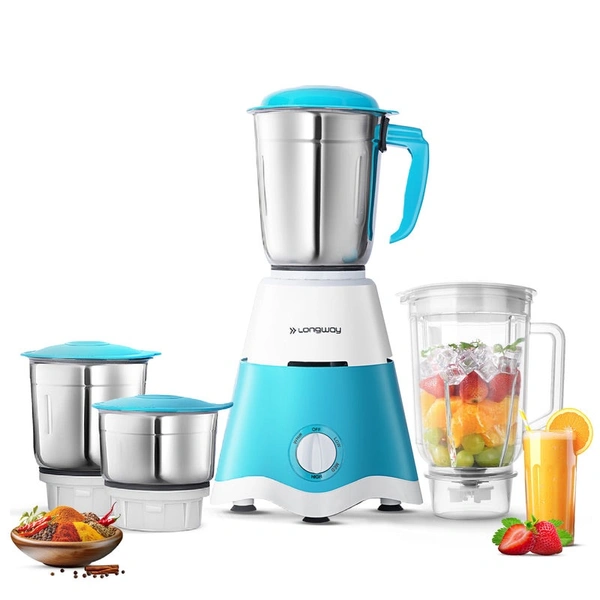 Longway Super Dlx 750 Watt Juicer Mixer Grinder With 4 Jars For Grinding, Mixing, Juicing With Powerful Motor | 1 Year Warranty | (Blue & White, 4 Jars)
