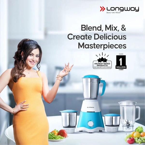 Longway Super Dlx 750 Watt Juicer Mixer Grinder With 4 Jars For Grinding, Mixing, Juicing With Powerful Motor | 1 Year Warranty | (Blue & White, 4 Jars)