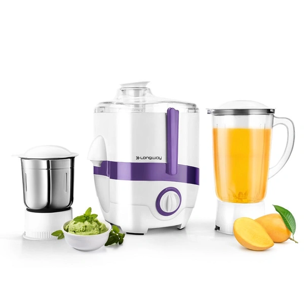 Longway Juicy 550 Watt Juicer Mixer Grinder With 2 Jars For Grinding, Mixing, Juicing With Powerful Motor | 1 Year Warranty (2 Jars, Purple)