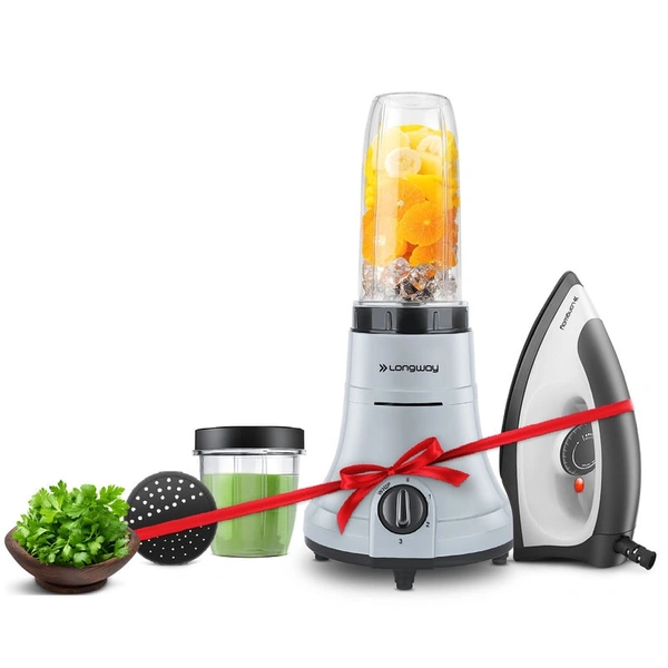 Longway Sage 500 Watt Juicer Mixer Grinder With 2 Jars For Grinding, Mixing, Juicing With Powerful Motor & Kwid 1100 Watt Dry Iron| 1 Year Warranty | (Gray & Black, 2 Jars, Combo Offer)