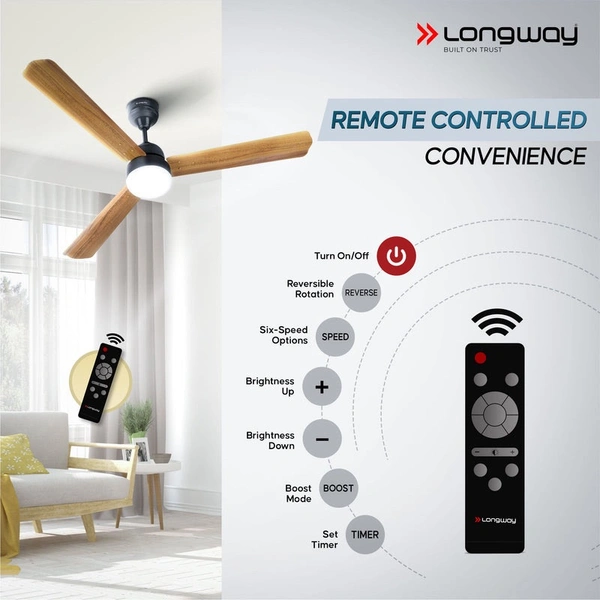 Longway Luminair Max 1200 Mm BLDC Ceiling Fan With Remote Control & LED Light | BEE 5 Star Rated Energy Efficient | Ultra High Speed 3 Blade Anti-Dust Decorative Ceiling Fan | 5 Years Warranty (Golden Birch, Pack Of 1)