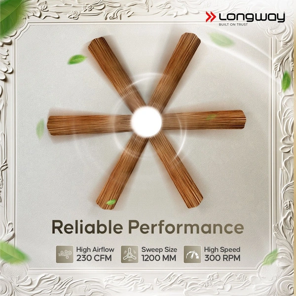 Longway Luminair Max 1200 Mm BLDC Ceiling Fan With Remote Control & LED Light | BEE 5 Star Rated Energy Efficient | Ultra High Speed 6 Blade Anti-Dust Decorative Ceiling Fan | 5 Years Warranty (Smoked Cedar, Pack Of 1)