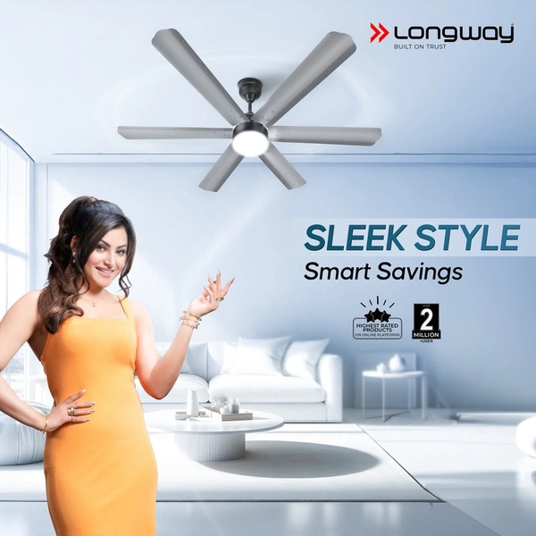 Longway Luminair 1200 Mm BLDC Ceiling Fan With Remote Control & LED Light | BEE 5 Star Rated Energy Efficient | Ultra High Speed 6 Blade Anti-Dust Decorative Ceiling Fan | 5 Years Warranty (Steel Gray, Pack Of 1)