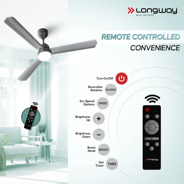 Longway Luminair 1200 Mm BLDC Ceiling Fan With Remote Control & LED Light | BEE 5 Star Rated Energy Efficient | Ultra High Speed 3 Blade Anti-Dust Decorative Ceiling Fan | 5 Years Warranty (Gray, Pack Of 2)