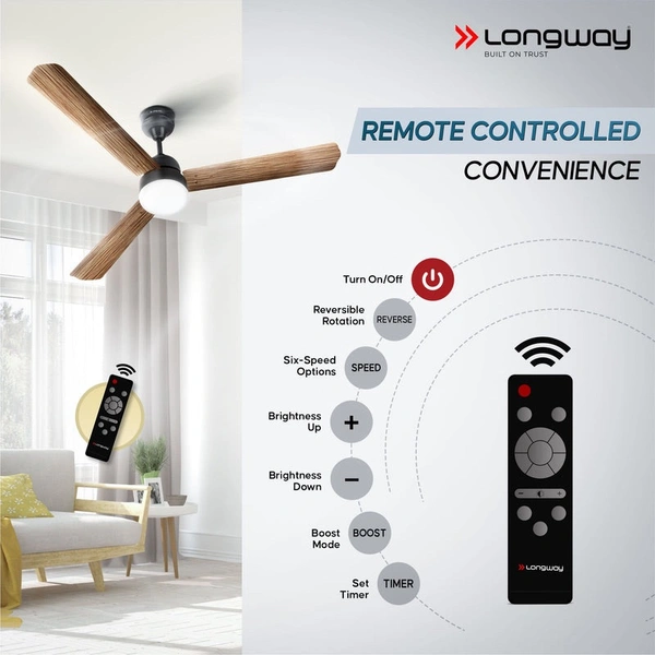 Longway Luminair Max 1200 Mm BLDC Ceiling Fan With Remote Control & LED Light | BEE 5 Star Rated Energy Efficient | Ultra High Speed 3 Blade Anti-Dust Decorative Ceiling Fan | 5 Years Warranty (Smoked Cedar, Pack Of 2)
