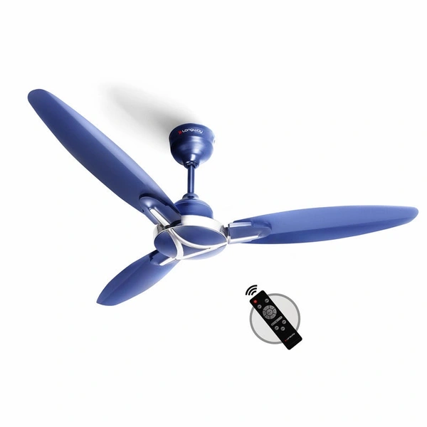 Longway Zephyr 1200 Mm BLDC Ceiling Fan With Remote Control | BEE 5 Star Rated Energy Efficient | Ultra High Speed 3 Blade Anti-Dust Decorative Ceiling Fan | 3 Year Warranty (Silver Blue, Pack Of 1)