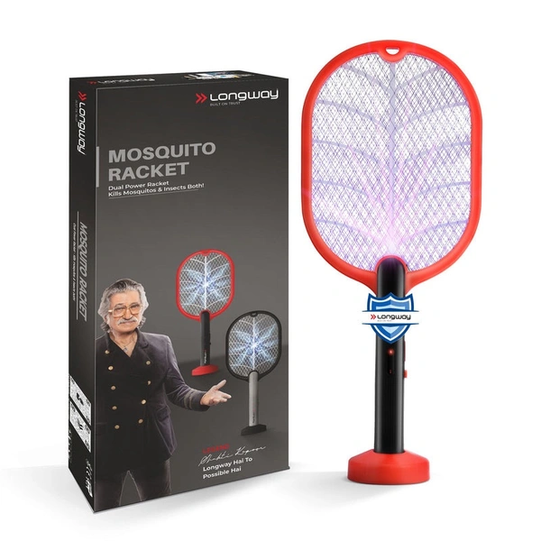 Longway Swatt Rechargeable Mosquito Racket | 3500V DC Voltage On The Net Mesh| Insect Killer Bat | 1200mAH Battery | Large Net Area For Better Coverage | Long Lasting Internal Battery | 6 Months Warranty (Black)