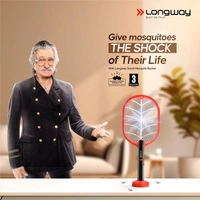 Longway Swatt Rechargeable Mosquito Racket | 3500V DC Voltage On The Net Mesh| Insect Killer Bat | 1200mAH Battery | Large Net Area For Better Coverage | Long Lasting Internal Battery | 6 Months Warranty (Black)
