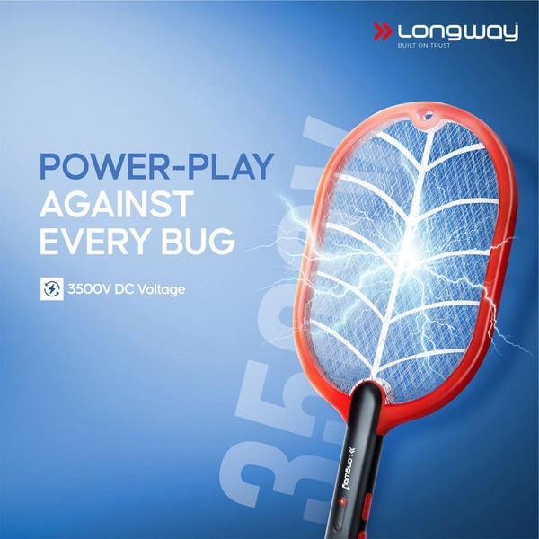 Longway Swatt Rechargeable Mosquito Racket | 3500V DC Voltage On The Net Mesh| Insect Killer Bat | 1200mAH Battery | Large Net Area For Better Coverage | Long Lasting Internal Battery | 6 Months Warranty (Black)