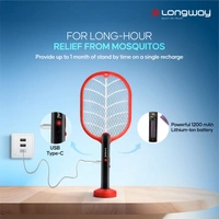 Longway Swatt Rechargeable Mosquito Racket | 3500V DC Voltage On The Net Mesh| Insect Killer Bat | 1200mAH Battery | Large Net Area For Better Coverage | Long Lasting Internal Battery | 6 Months Warranty (Black)